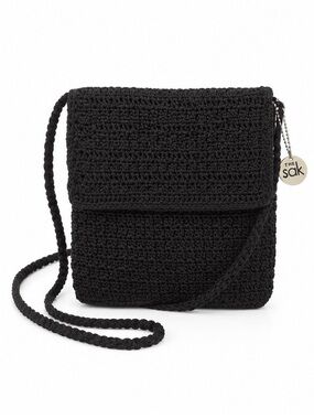The Sak Black Crochet Crossbody Zip Bag Boho Woven Knit Flap Purse Lightweight
